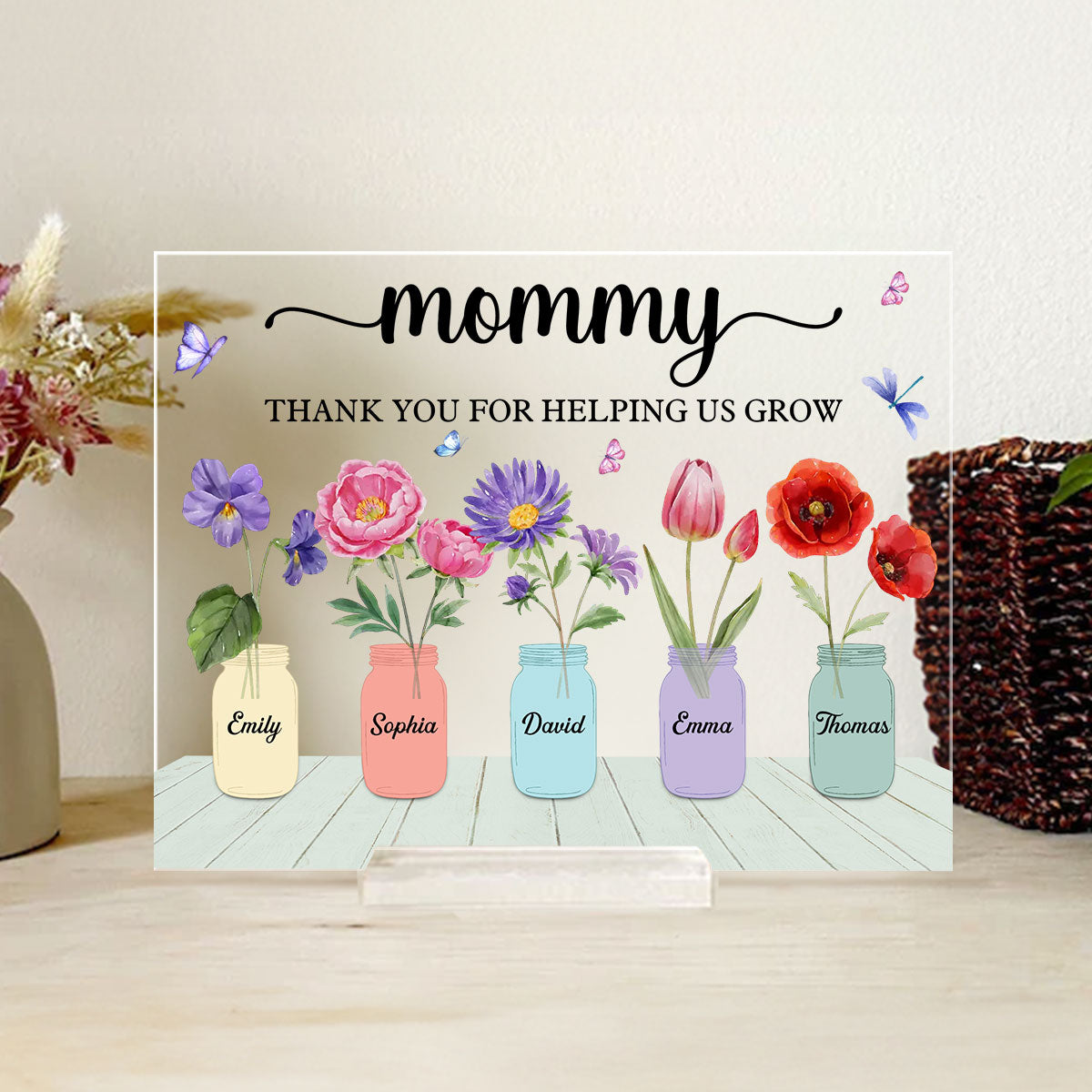 Custom Mother's Day Decor, Gift for Mom & Grandma • Thank You For Helping Us Grow - Personalized Acrylic Plaque With Base