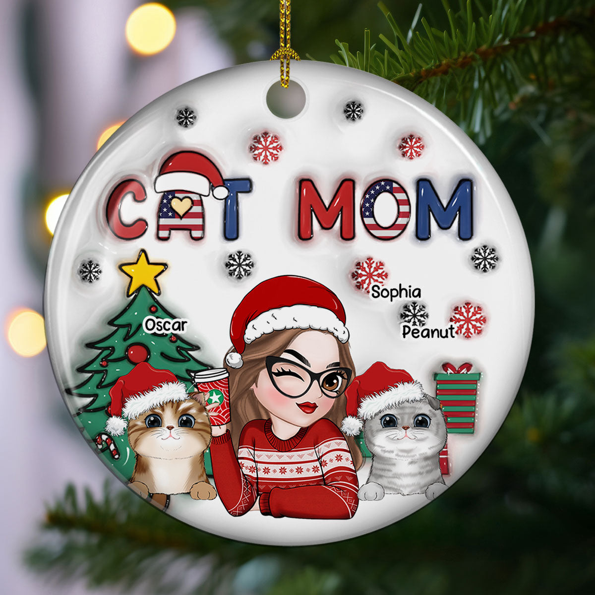 Custom Keepsake Christmas Ornament •  American Cat Mom Christmas - Personalized 3D Inflated Effect Ceramic Ornament