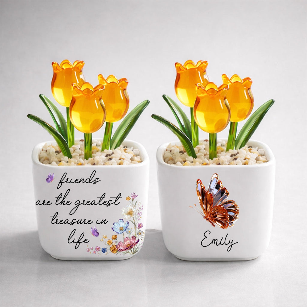 Custom Flower Keepsake, Glass Home Decor Gift for Best Friend • Treasured Friend - Personalized Glass Everlasting Tulips