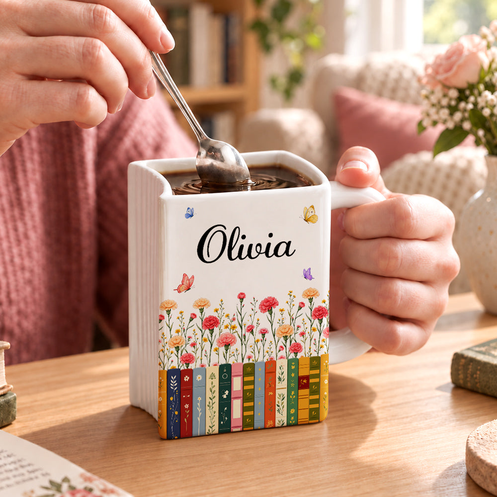 Custom Birth Flower & Name For Friends, Book Lovers, Bookworms, Readers • Made For Cozy Reading Days - Personalized Book Shaped Mug