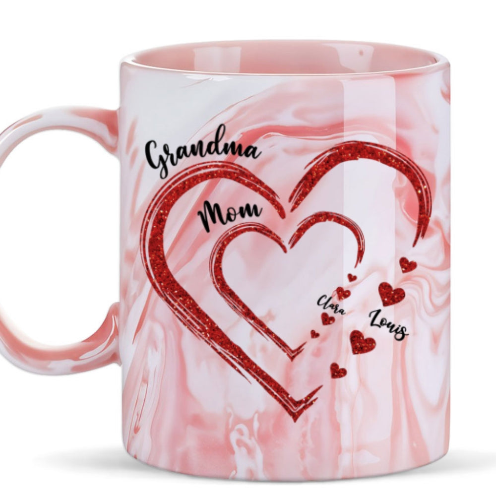 Custom Christmas & Birthday Gift For Grandma • Mom Grandma Sweethearts - Personalized Pink Marble Mug