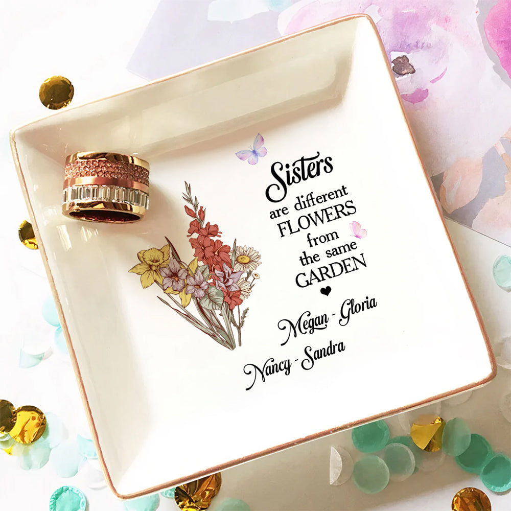 Custom Sister Trinket Dish, Birthday Christmas Gift for Sister • Floral Sisters Forever - Personalized Jewelry Dish