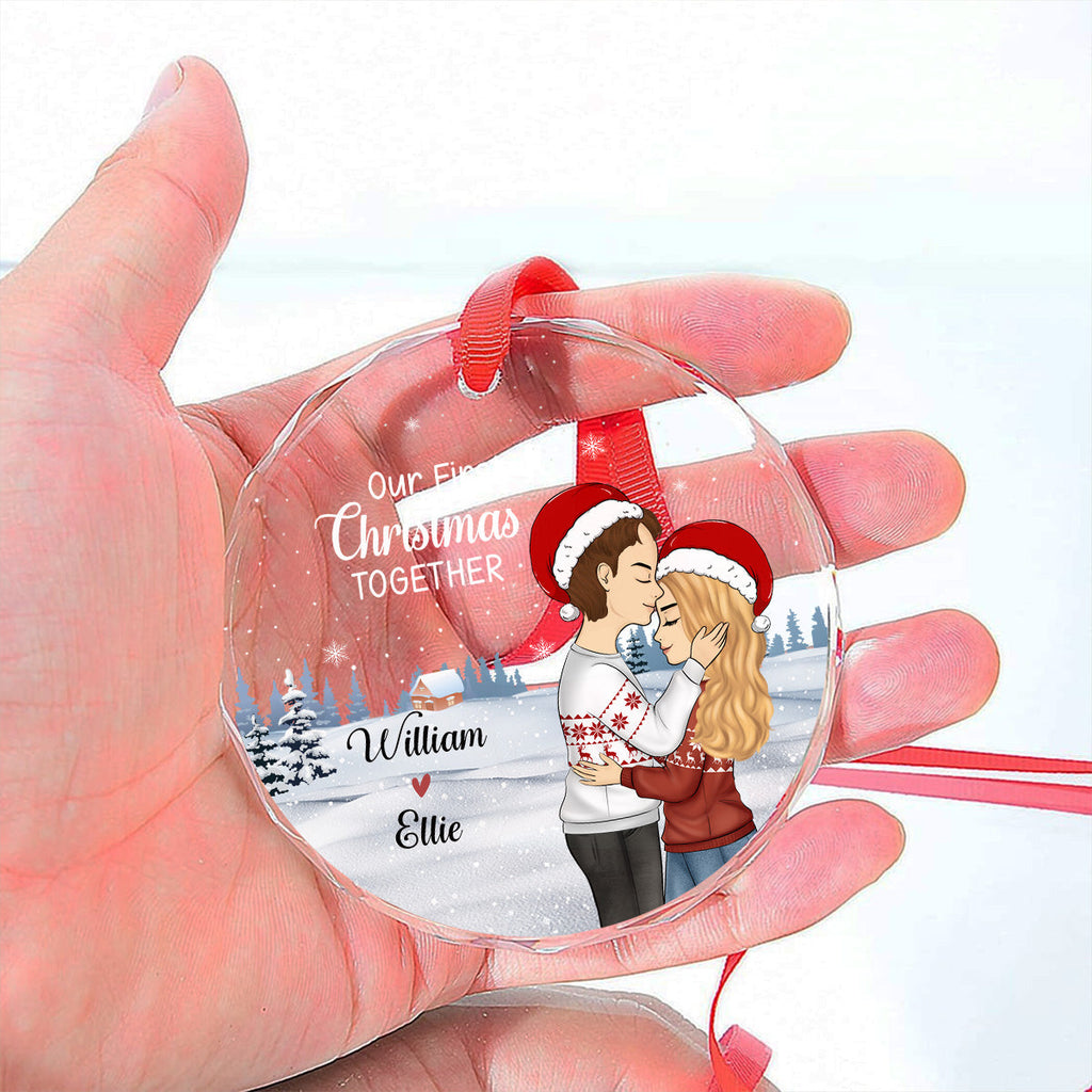 Custom First Christmas Ornament Married, Gift for Newlyweds •  Our First Christmas - Personalized Glass Ornament