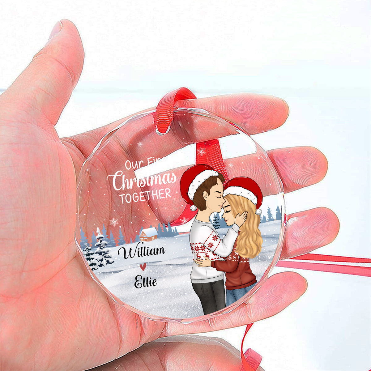 Custom First Christmas Ornament Married, Gift for Newlyweds •  Our First Christmas - Personalized Glass Ornament
