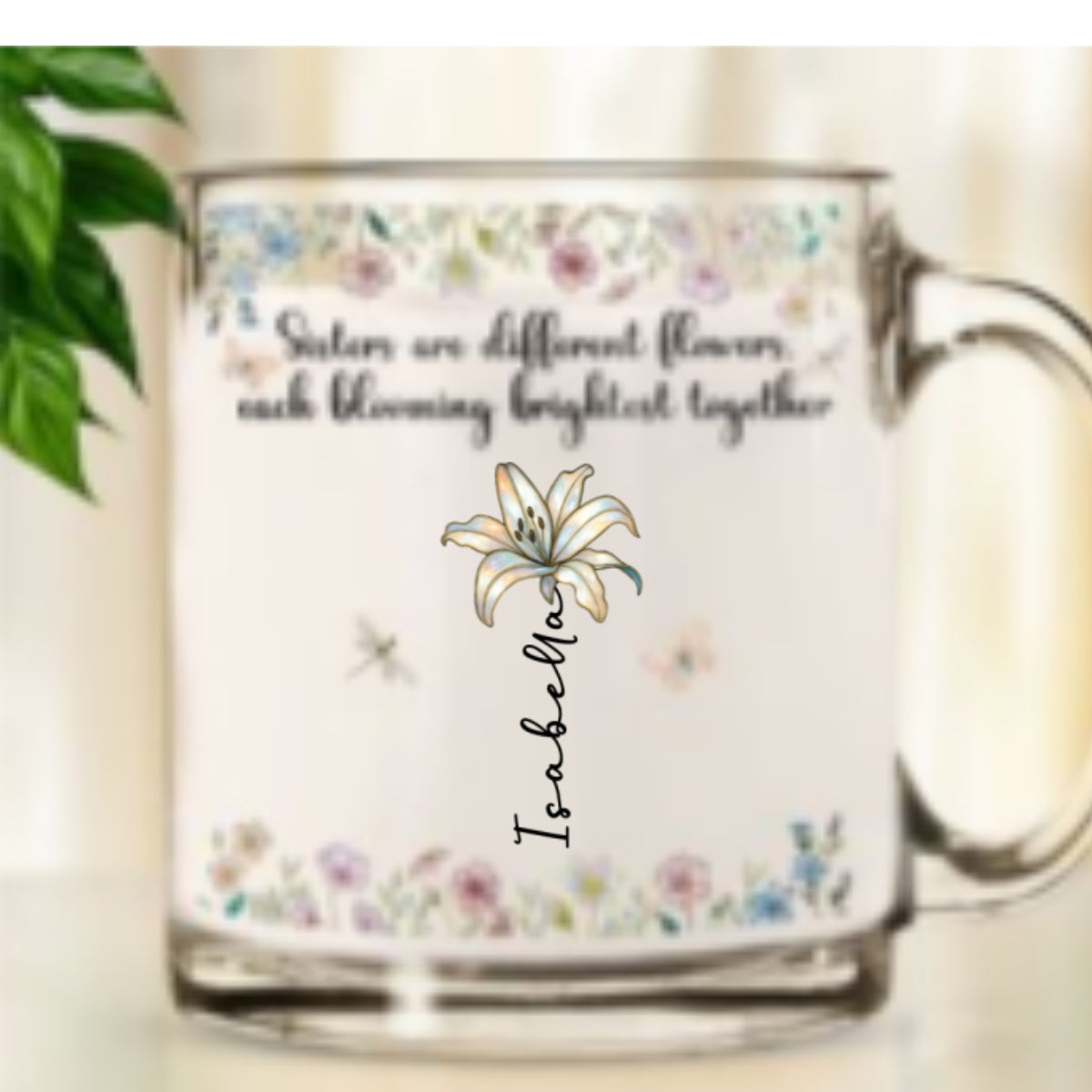 Custom Name & Birth Flower Birthday, Christmas Gift for Sister • Blooming Together - Personalized Glass Mug