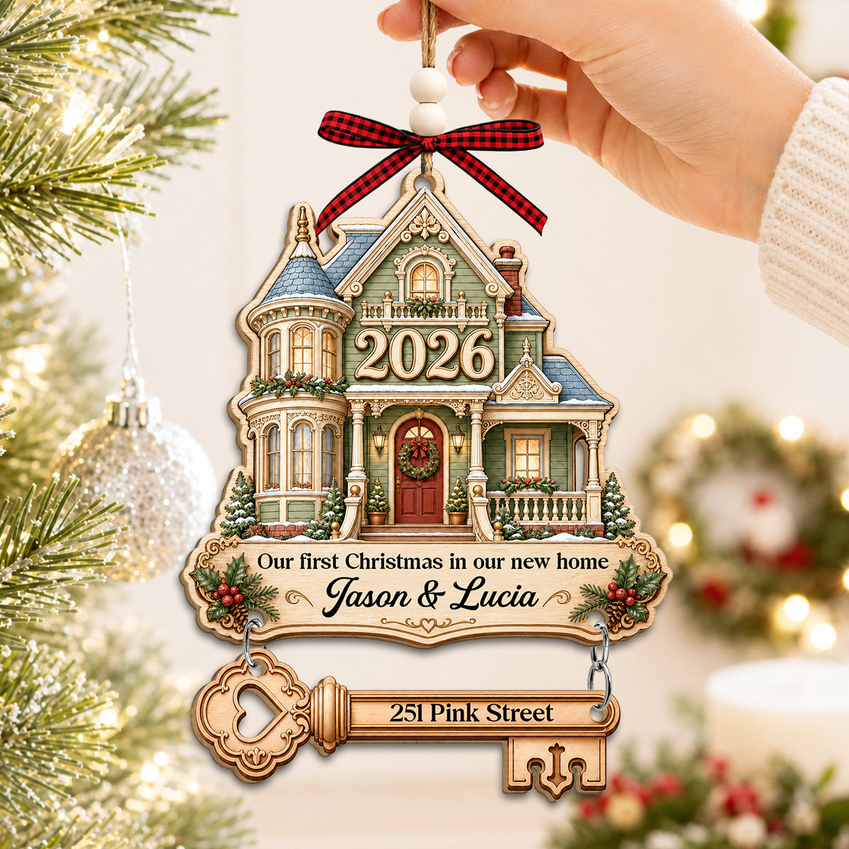 Custom Keepsake Christmas Ornament •  Christmas In Our New Home - Personalized Wooden Ornament With Tag