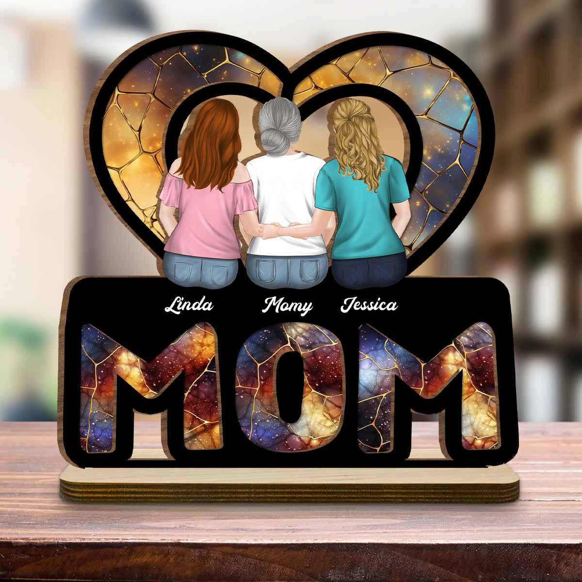 Custom Mother's Day Decor, Gift for Mom & Grandma • We Love You Mom - Personalized 2-Layer Wood Plaque With Flat Base