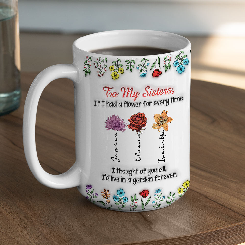 Custom Name & Birth Flower Birthday, Christmas Gift for Sister • My Garden Grows With Sisters - Personalized 3D Inflated Effect Mug
