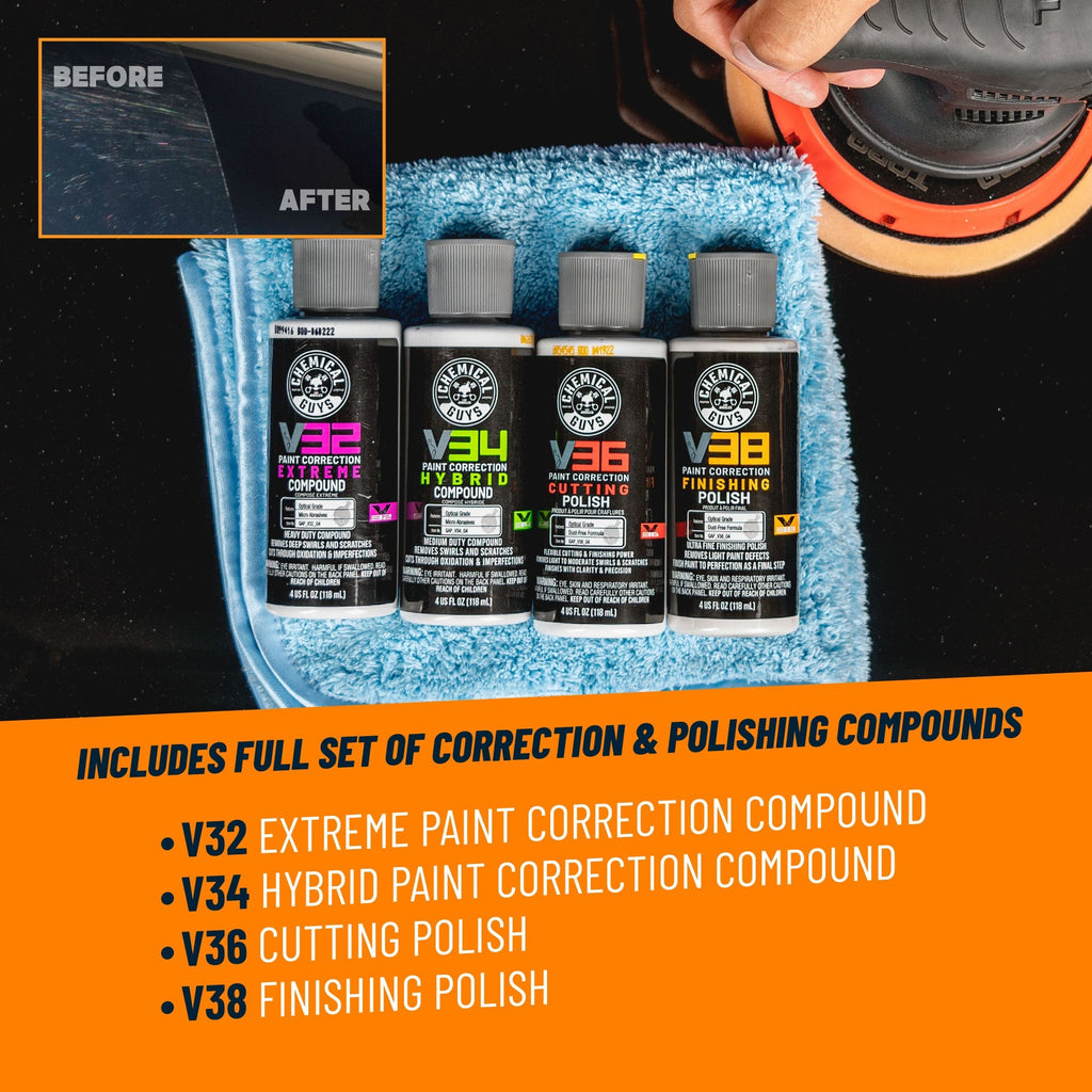 TORQX Random Orbital Polisher Kit - includes full set of V32 extreme paint correction compound, V34 hybrid paint correction compound, V36 cutting polish, and V38 finishing polish, with before and after paint correction result