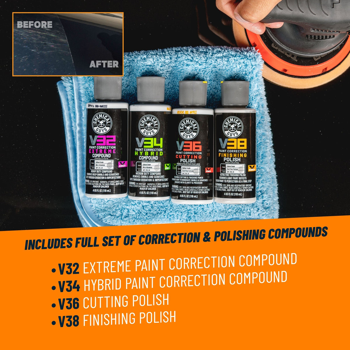 TORQX Random Orbital Polisher Kit - includes full set of V32 extreme paint correction compound, V34 hybrid paint correction compound, V36 cutting polish, and V38 finishing polish, with before and after paint correction result