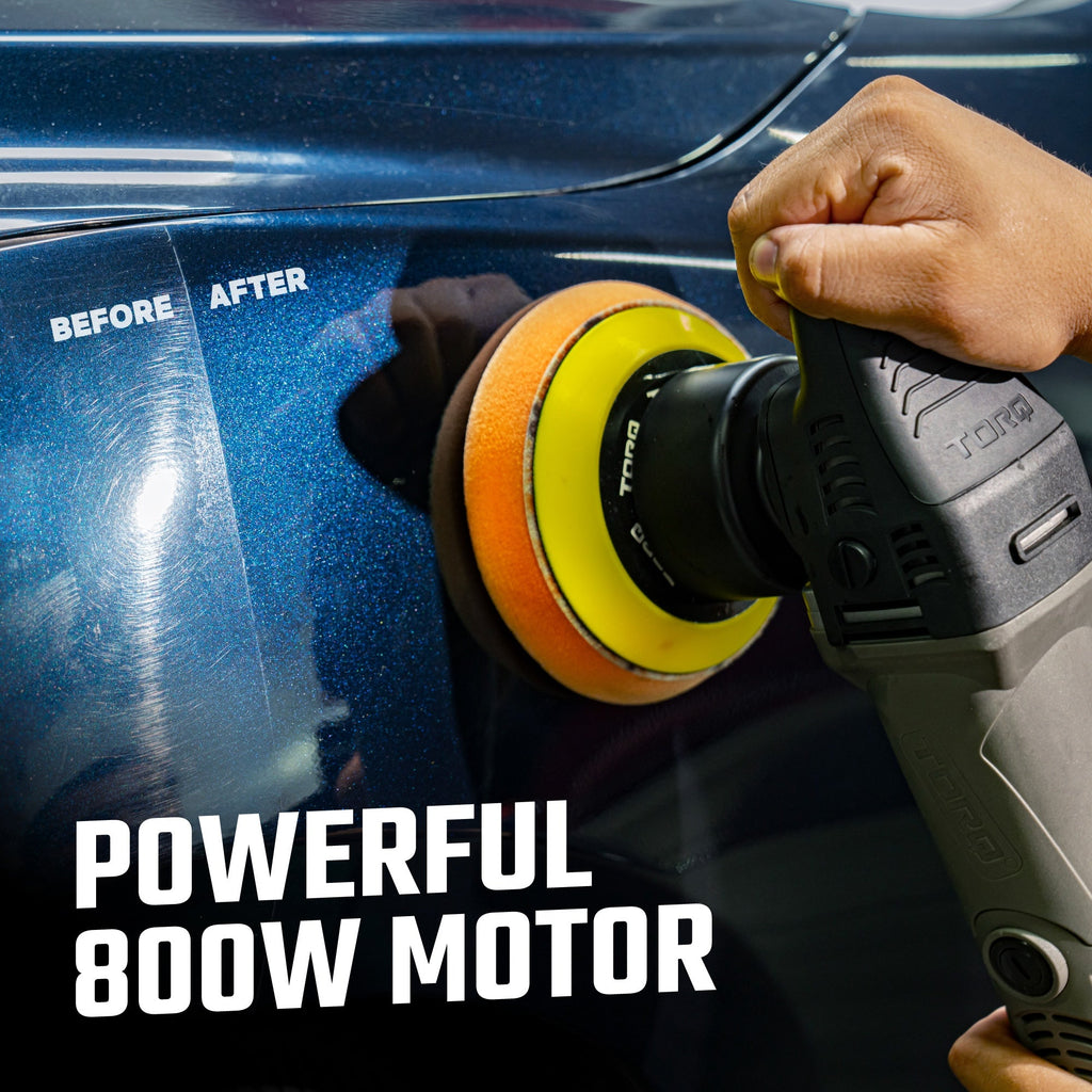 TORQX Random Orbital Polisher in use on blue car paint with orange hex-logic pad - powerful 800W motor