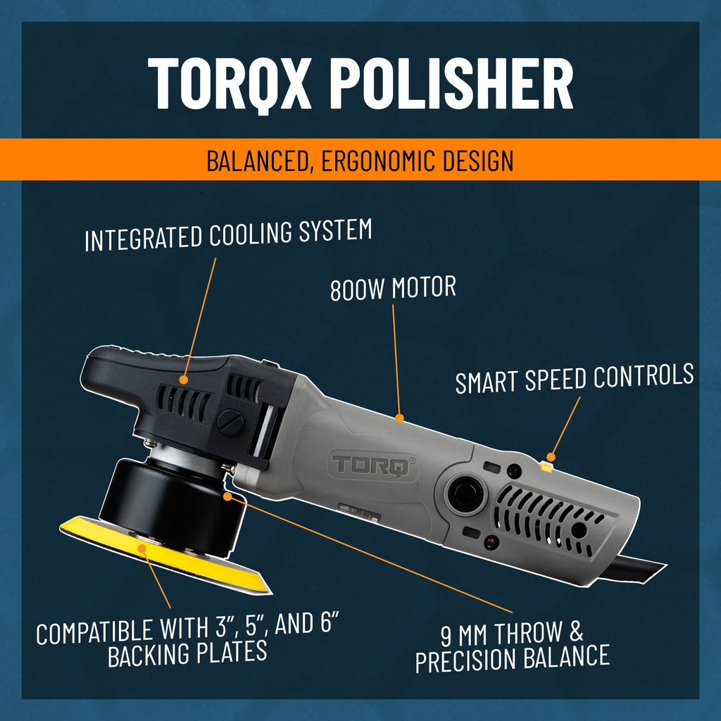 TORQX Polisher infographic - balanced ergonomic design with integrated cooling system, 800W motor, smart speed controls, 9mm throw and precision balance, compatible with 3", 5", and 6" backing plates