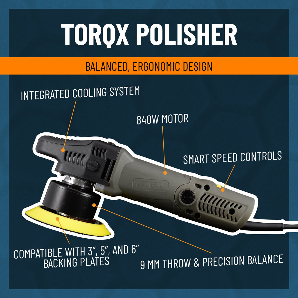 TORQX Polisher infographic - balanced ergonomic design with integrated cooling system, 840W motor, smart speed controls, 9mm throw and precision balance, compatible with 3", 5", and 6" backing plates