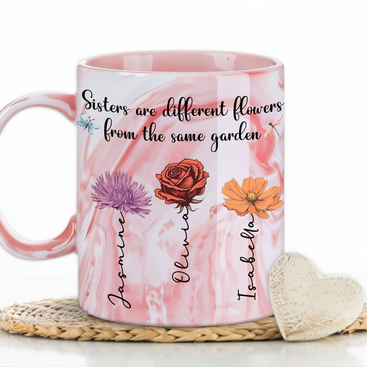 Custom Best Friend, Christmas & Birthday Friendship Keepsake Gift • Sisters Forever - Personalized Pink Marble Mug
