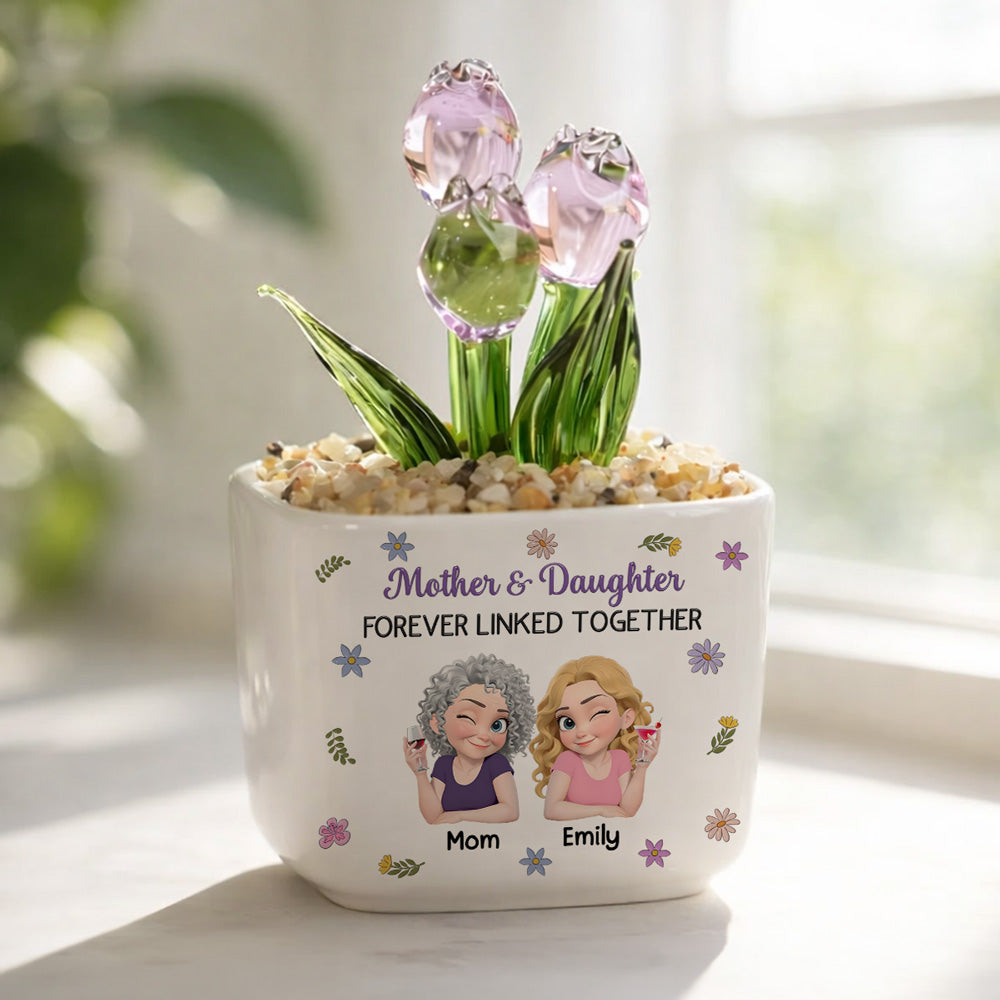 Custom Mother's Day Flower Keepsake, Glass Home Decor Gift for Mom • Mother And Daughter Linked Together Cartoon - Personalized Glass Everlasting Tulips
