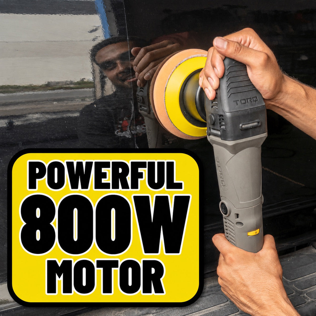 TORQX Random Orbital Polisher in use on car window glass - powerful 800W motor