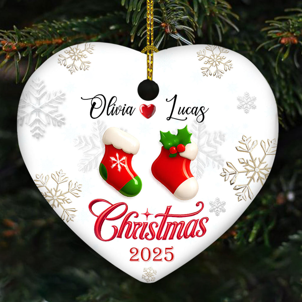Custom Couple Christmas Ornament, Anniversary Gift •  Our Matching Socks - Personalized 3D Effect Heart Ceramic Ornament