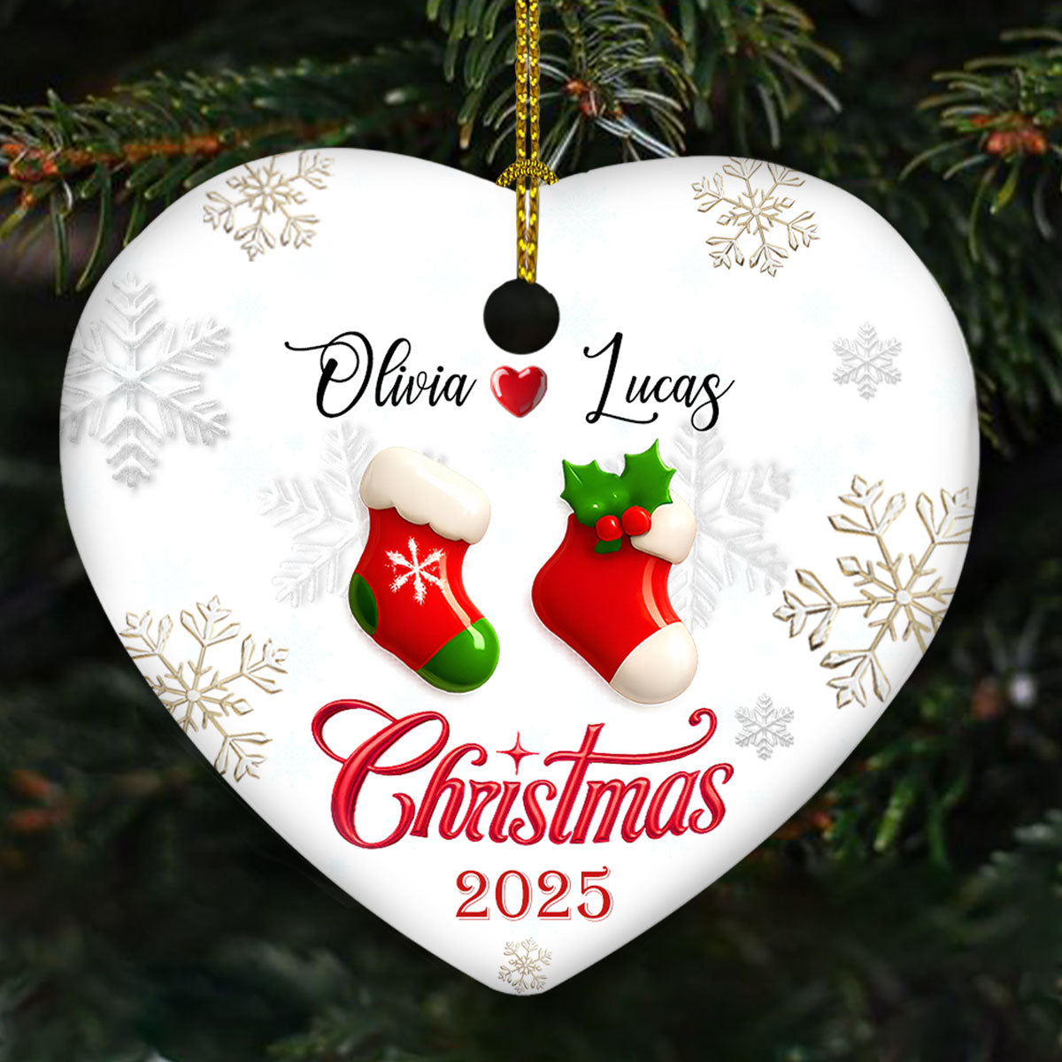 Custom Couple Christmas Ornament, Anniversary Gift •  Our Matching Socks - Personalized 3D Effect Heart Ceramic Ornament