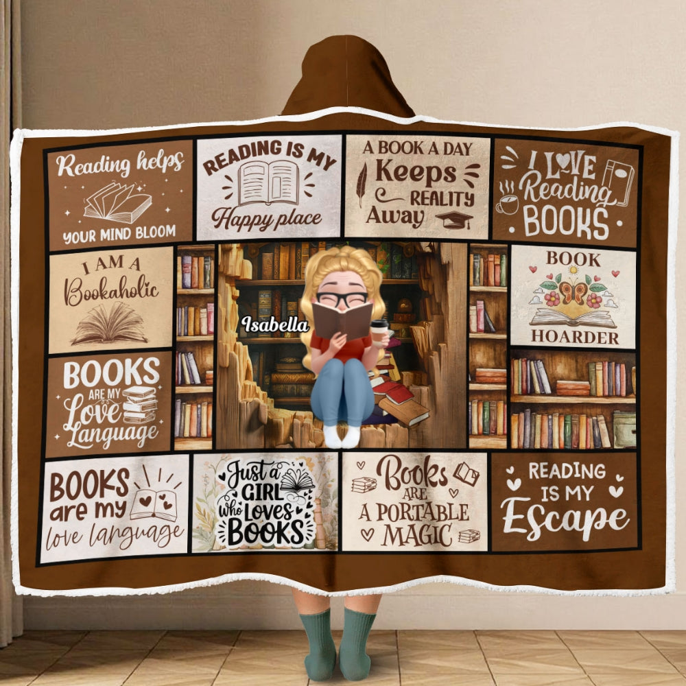Custom Christmas Birthday Gift For Book Lovers, Bookworms, Reader • Reading Is My Happy Place - Personalized Hooded Blanket