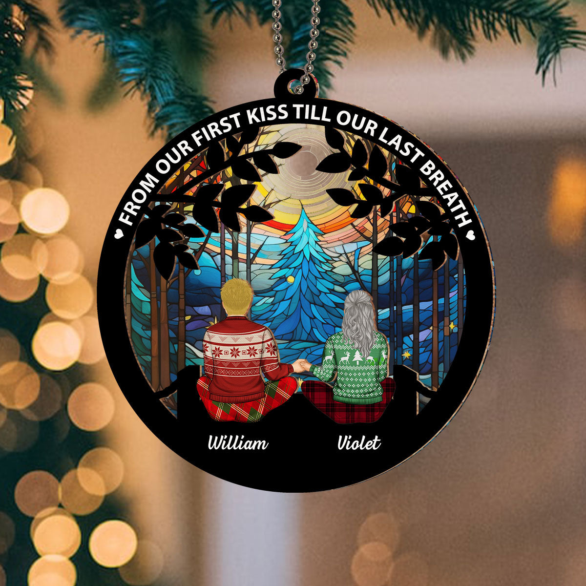 Custom Couple Christmas Ornament, Anniversary Gift •  I Love You To The Moon And Back - Personalized Suncatcher Ornament