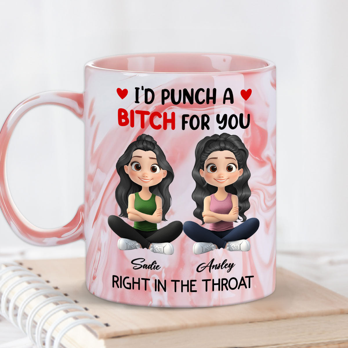 Custom Best Friend, Christmas & Birthday Friendship Keepsake Gift • I Punch A Bitch For You My Friend Chibi Cartoon - Personalized Pink Marble Mug