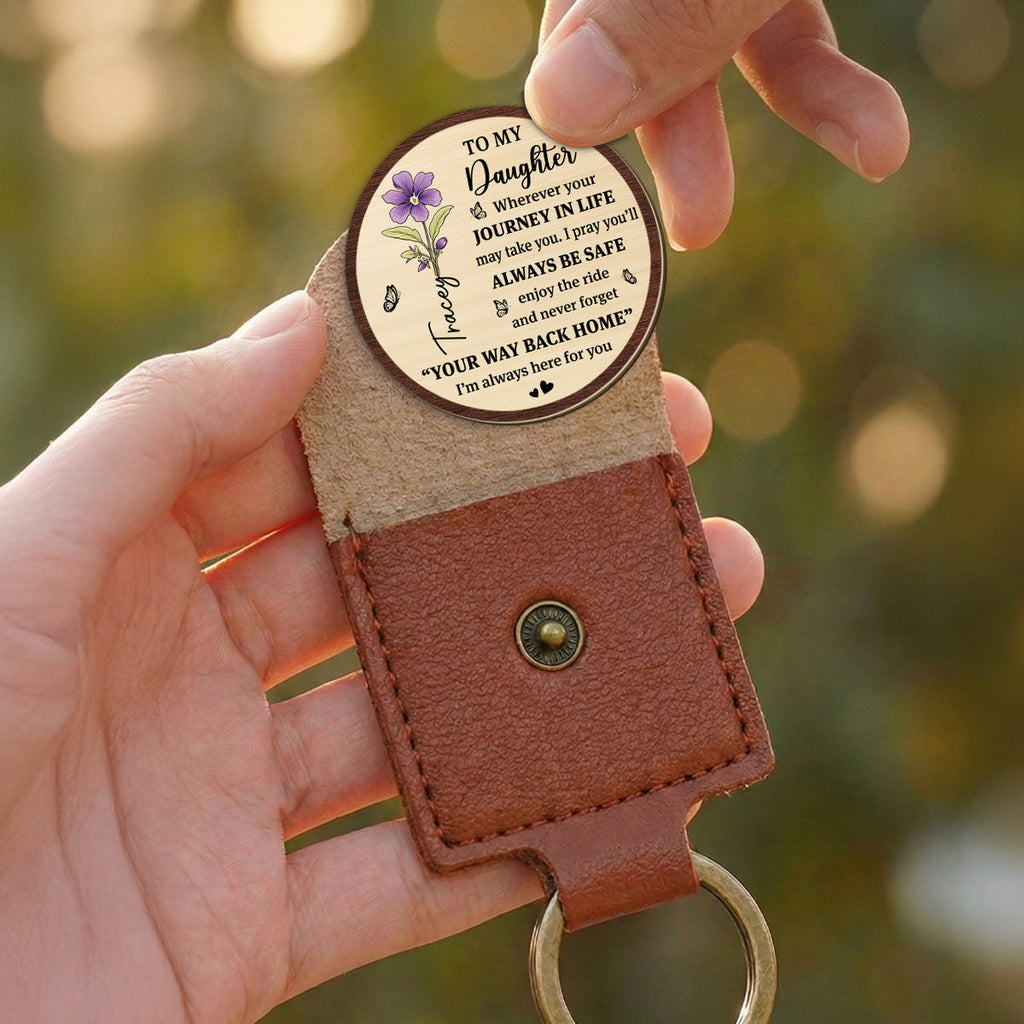 Custom Daughter Coin Keychain, Mother's Day Birthday Gifts • Way Back Home - Personalized Wooden Pocket Hug