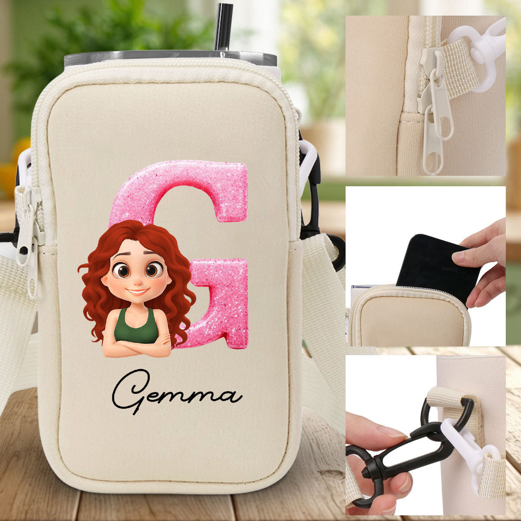 Glitter Alphabet Cartoon - Personalized Water Bottle Carrier Bag