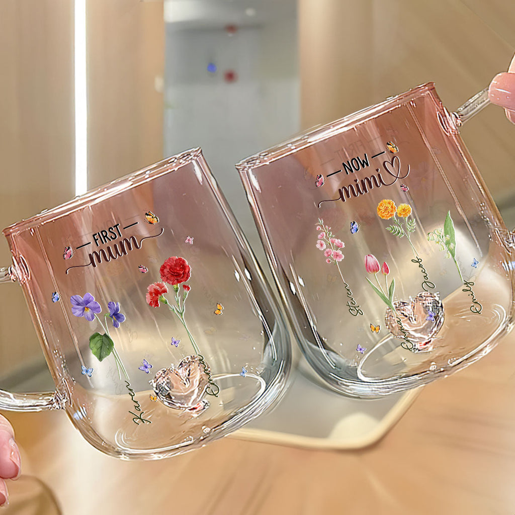 Custom Mother's Day Gift for Mom & Grandma • First Mom Now Grandma Flower - Personalized Pink Gradient Glass Mug