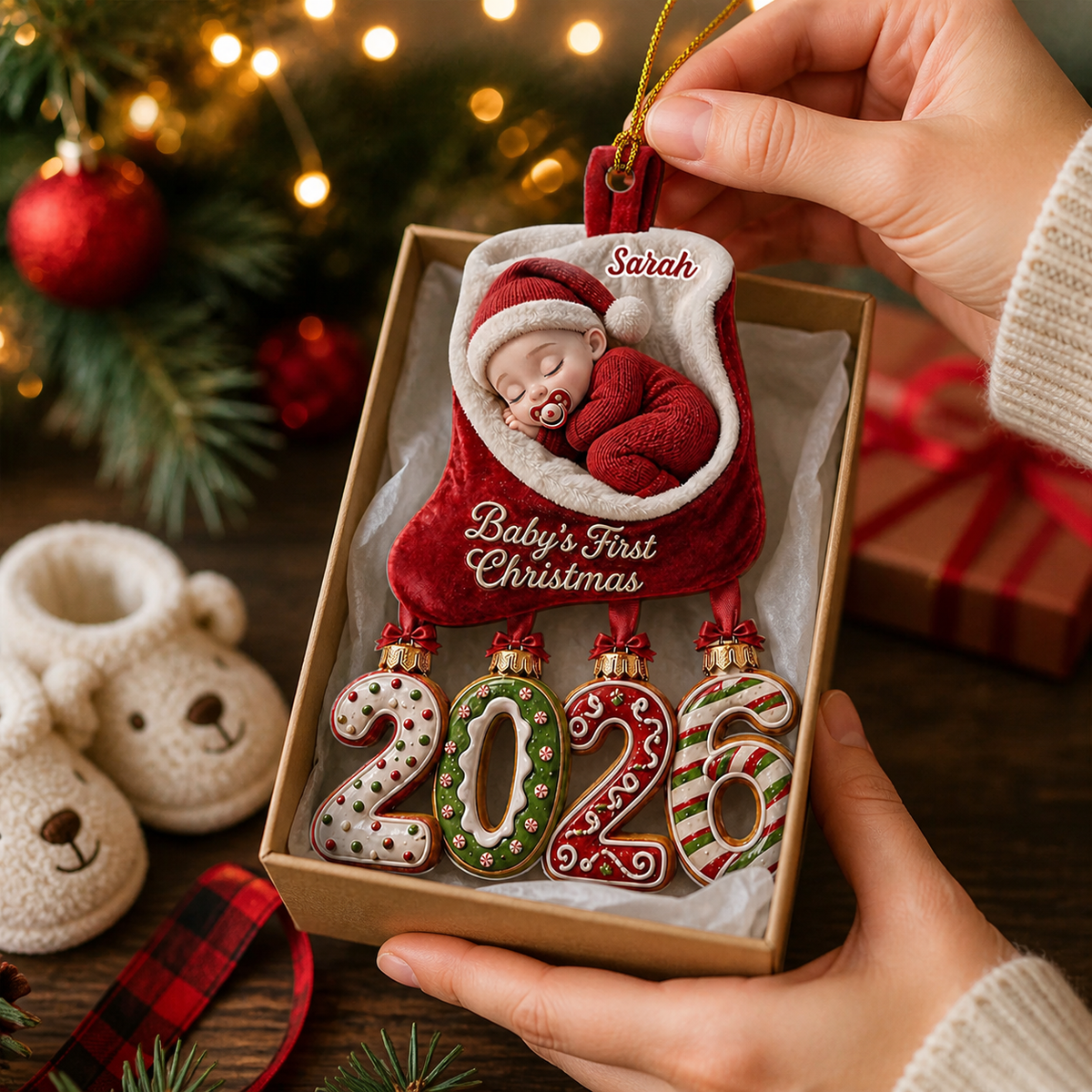 Custom Baby First Christmas Ornament for New Parents •  Cozy Christmas Memories - Personalized Acrylic Ornament