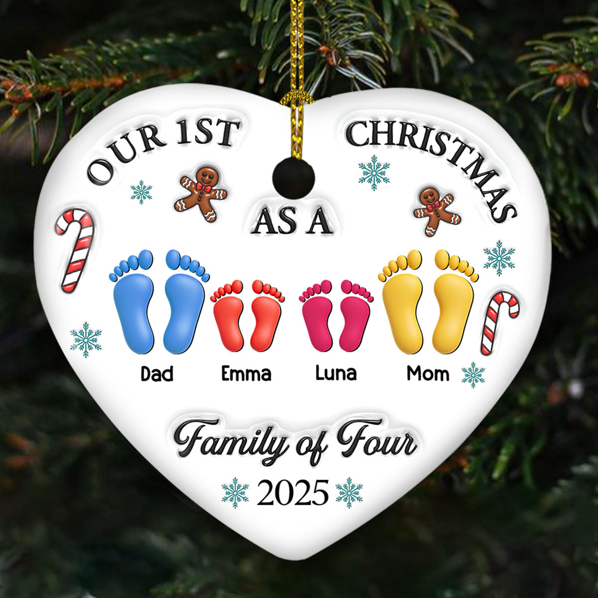 Custom Family First Christmas Ornament • Our First Christmas - Personalized 3D Effect Heart Ceramic Ornament