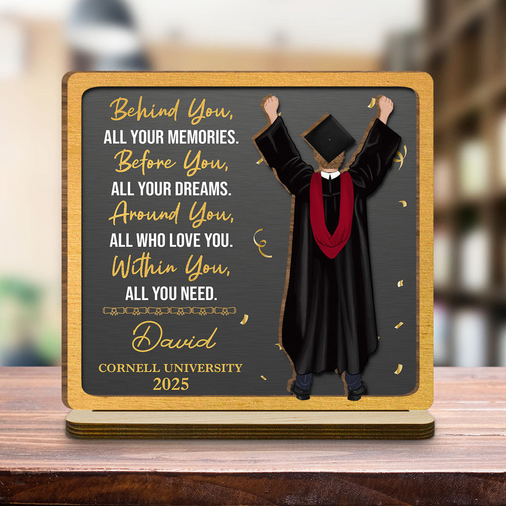 Custom Decor, Christmas Birthday Anniversary Gift Keepsake • Memories Behind Dreams Ahead - Personalized 2-Layer Wood Plaque With Flat Base