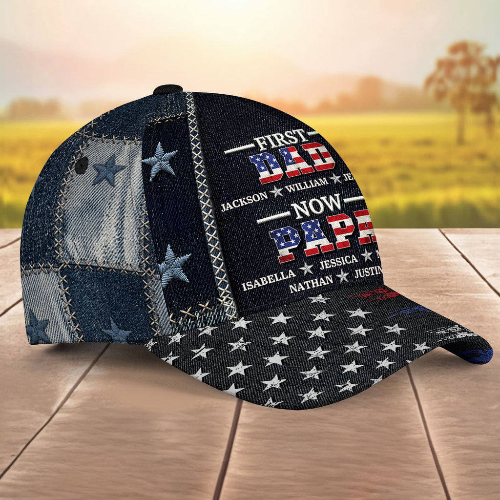 First Dad Now Papa American Flag - Personalized Classic Cap