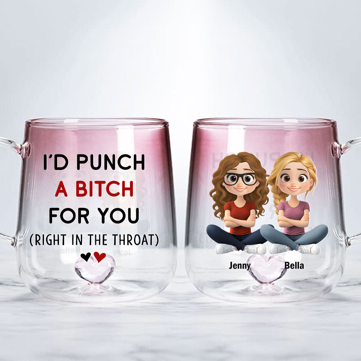 Custom Best Friend, Christmas & Birthday Friendship Keepsake Gift • I Would Punch For You - Personalized Pink Gradient Glass Mug