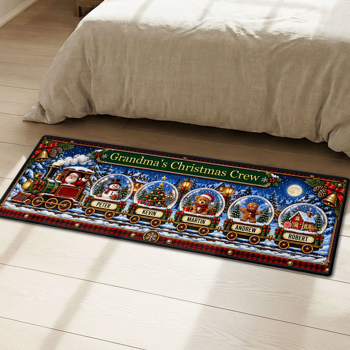 Custom Family Name Rug, Housewarming Birthday Gift For Family Members • Snow Globe Christmas Crew - Personalized Runner Rug