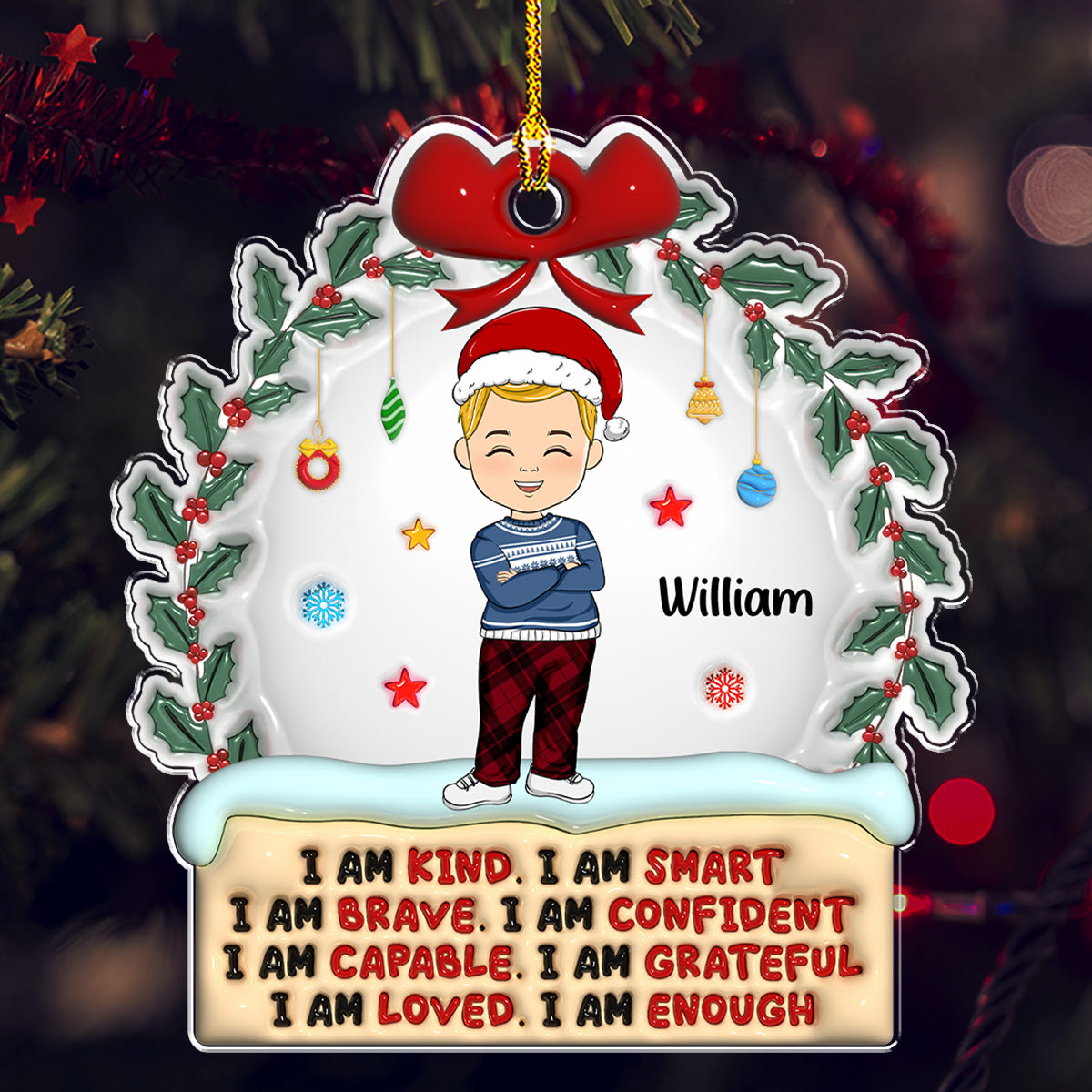 Custom Keepsake Christmas Ornament •  Kind Smart Loved Christmas - Personalized 3D Inflated Effect Acrylic Ornament