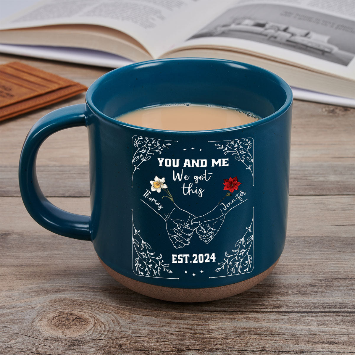 Custom Anniversary Keepsake Gifts For Couple • Birth Flower Hands In Hands - Personalized Pottery Mug