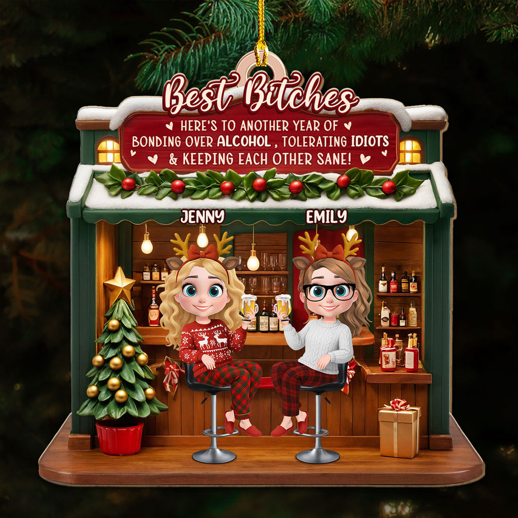 Custom Friendship Christmas Ornament, Best Friend Gift •  Bonded By Laughs And Wine - Personalized 3D Effect Wood Ornament