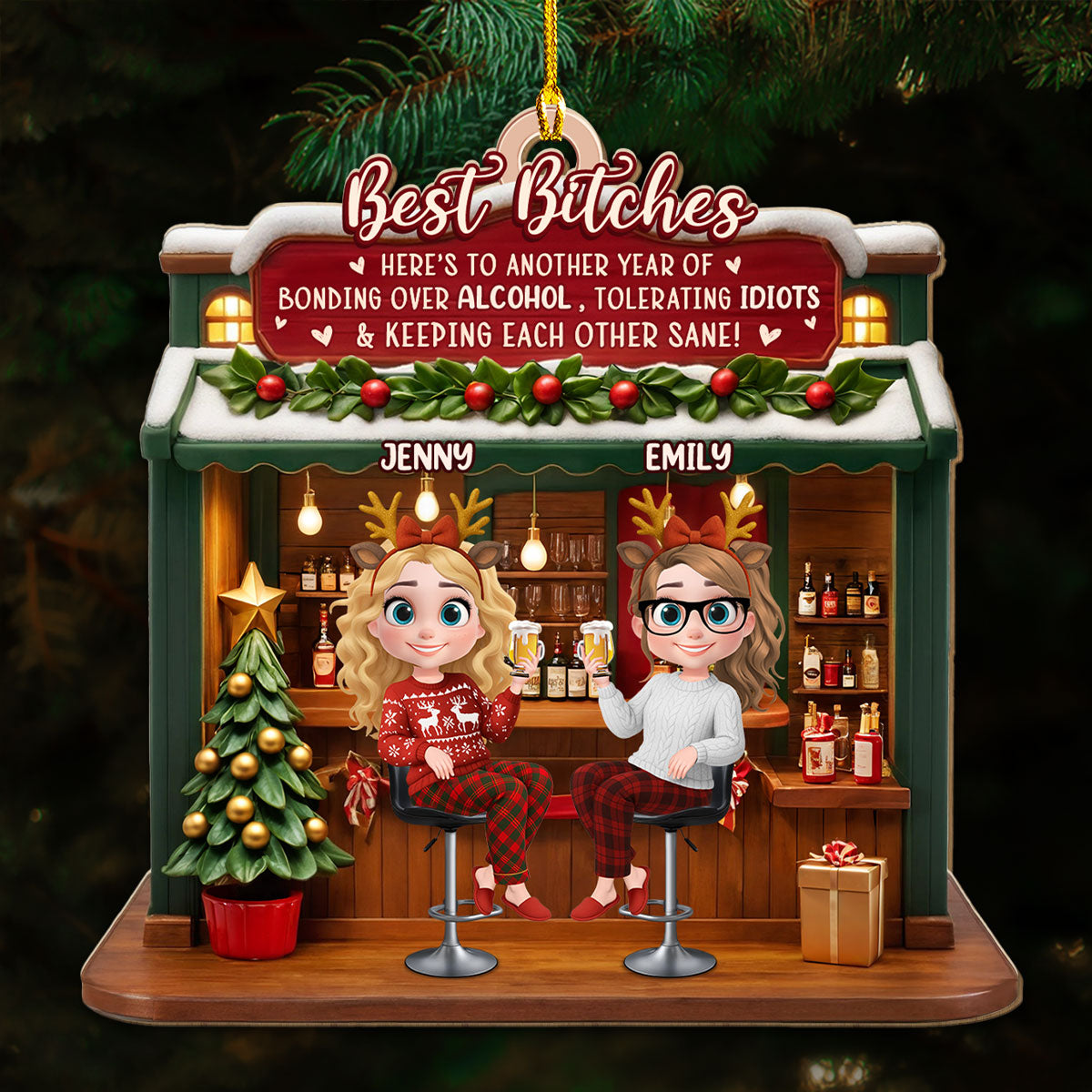 Custom Friendship Christmas Ornament, Best Friend Gift •  Bonded By Laughs And Wine - Personalized 3D Effect Wood Ornament