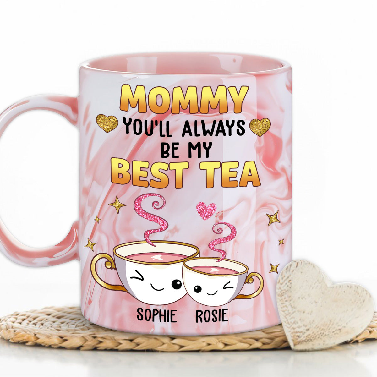 Custom Mother's Day Gift for Mom & Grandma • Mom Always Be My Best Tea Glitter - Personalized Pink Marble Mug
