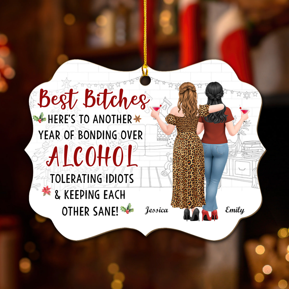 Custom Friendship Christmas Ornament, Best Friend Gift •  Cheers To Another Crazy Year - Personalized Wood Ornament