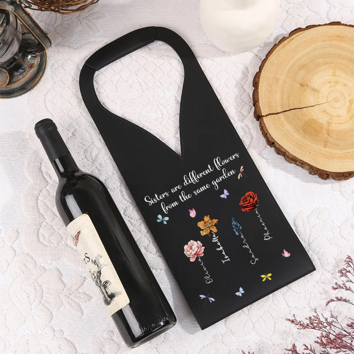 Sisters Are Different Flowers - Personalized Leather Wine Bag