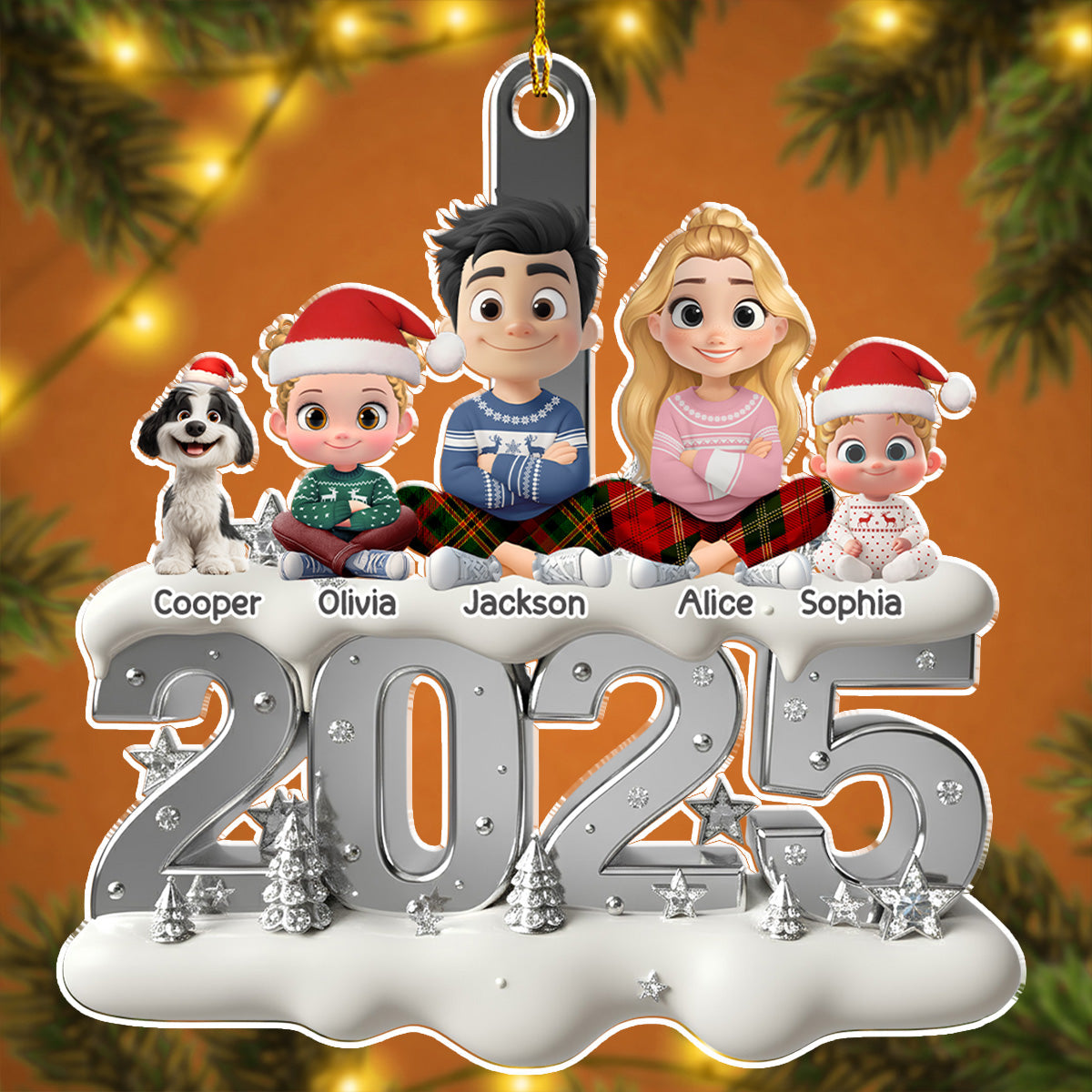 Custom Family Ornament, Christmas Gift for Family Members •  Silvery Year - Personalized 3D Effect Acrylic Ornament
