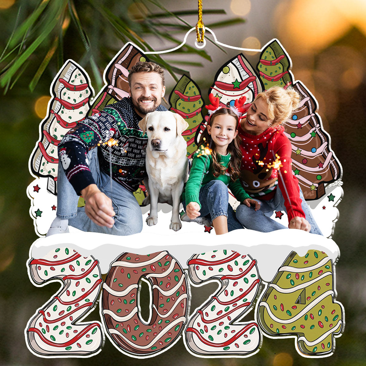 Custom Photo Family Ornament, Christmas Gift for Family Members • Photo Family Christmas Tree Cake - Personalized Acrylic Ornament