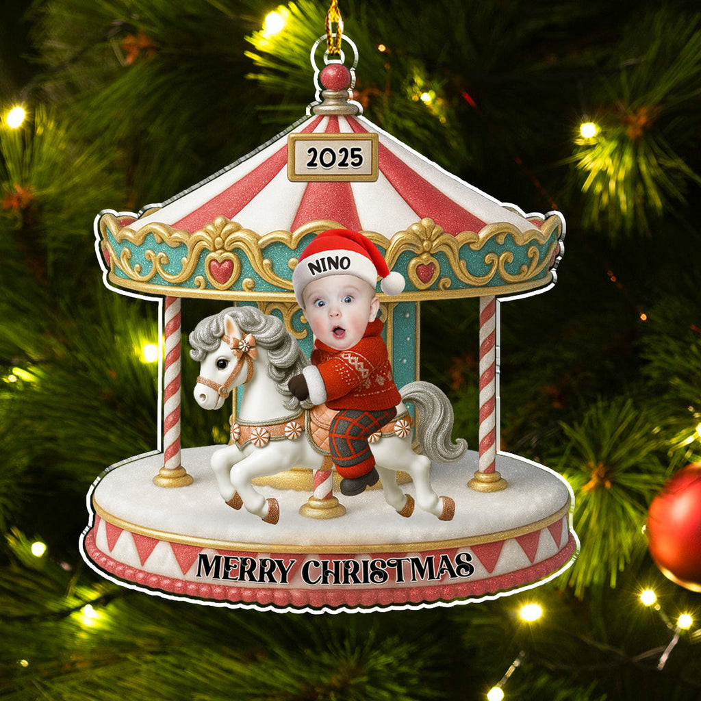 Custom Photo Baby Christmas Ornament for New Parents • Baby Riding On A Carousel - Personalized Acrylic Ornament