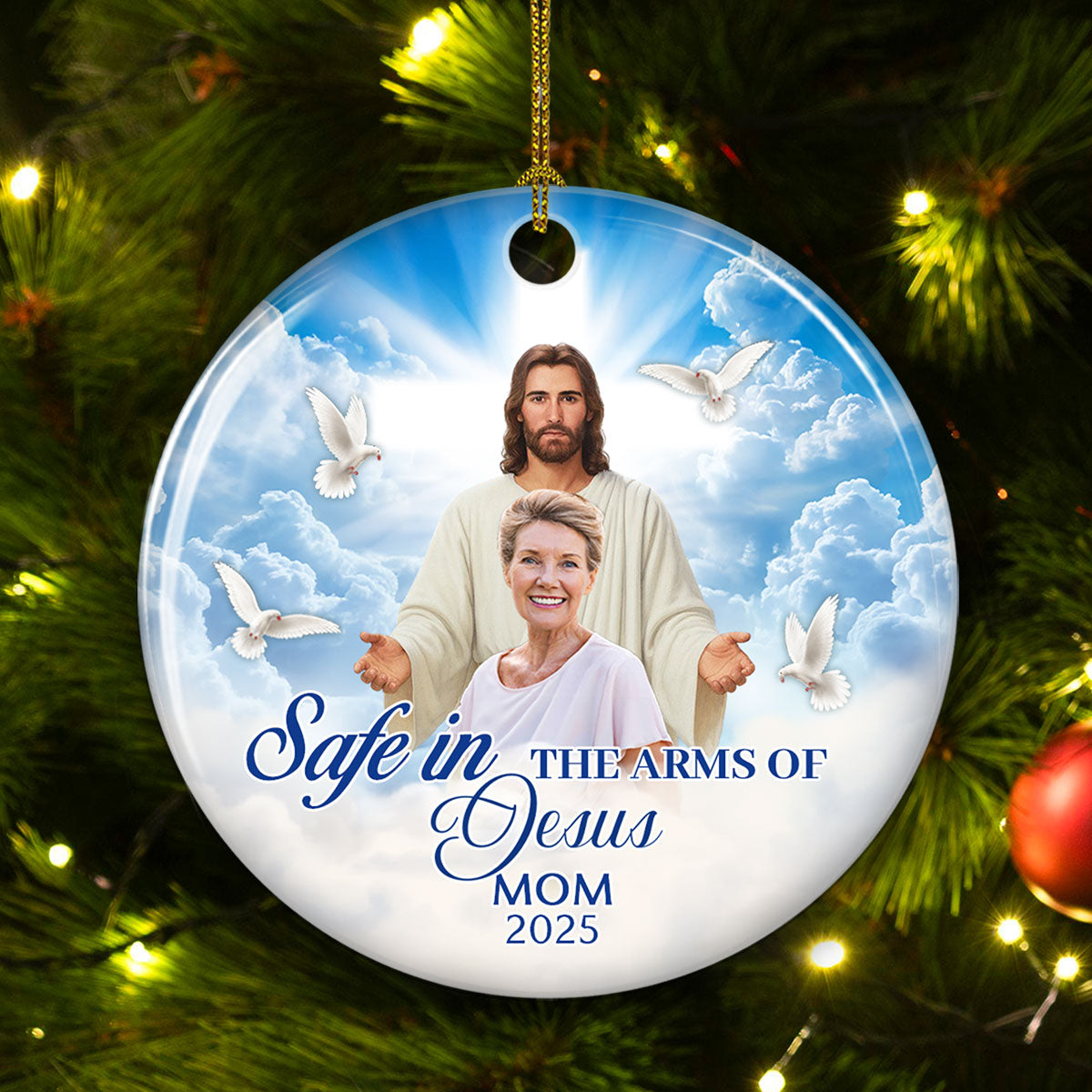 Custom Photo Memorial Christmas Ornament, Sympathy Keepsake • Safe In The Arms Of Jesus - Personalized Ceramic Ornament