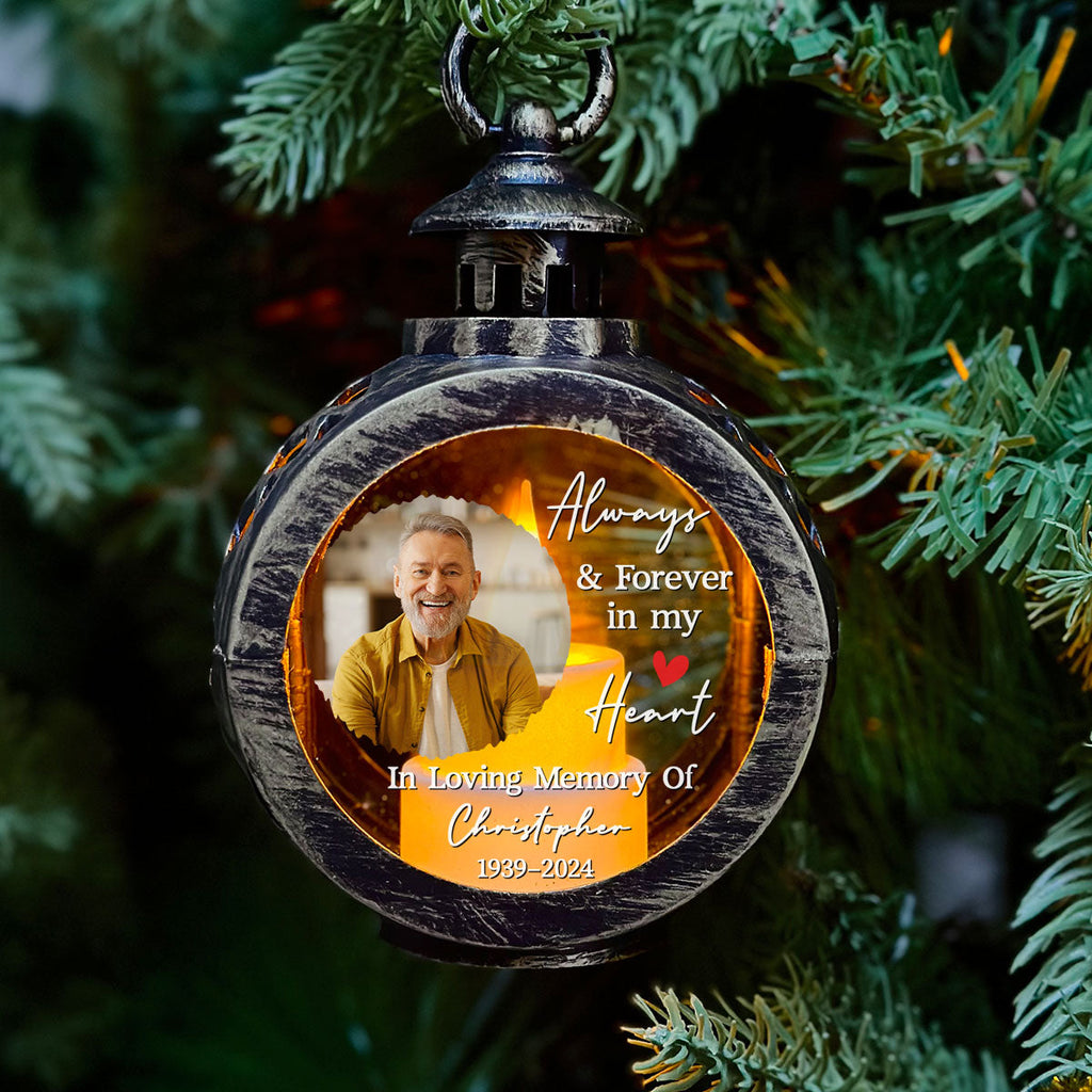 Custom Photo Memorial Christmas Night Light, Remembrance Gifts • Love Never Truly Says Goodbye - Personalized Christmas Lantern