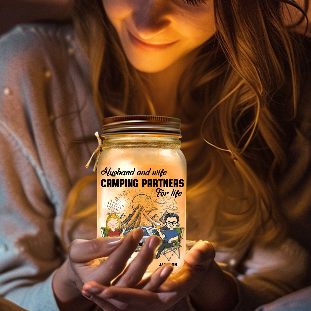 Husband And Wife Camping Partners For Life - Personalized Mason Jar Light