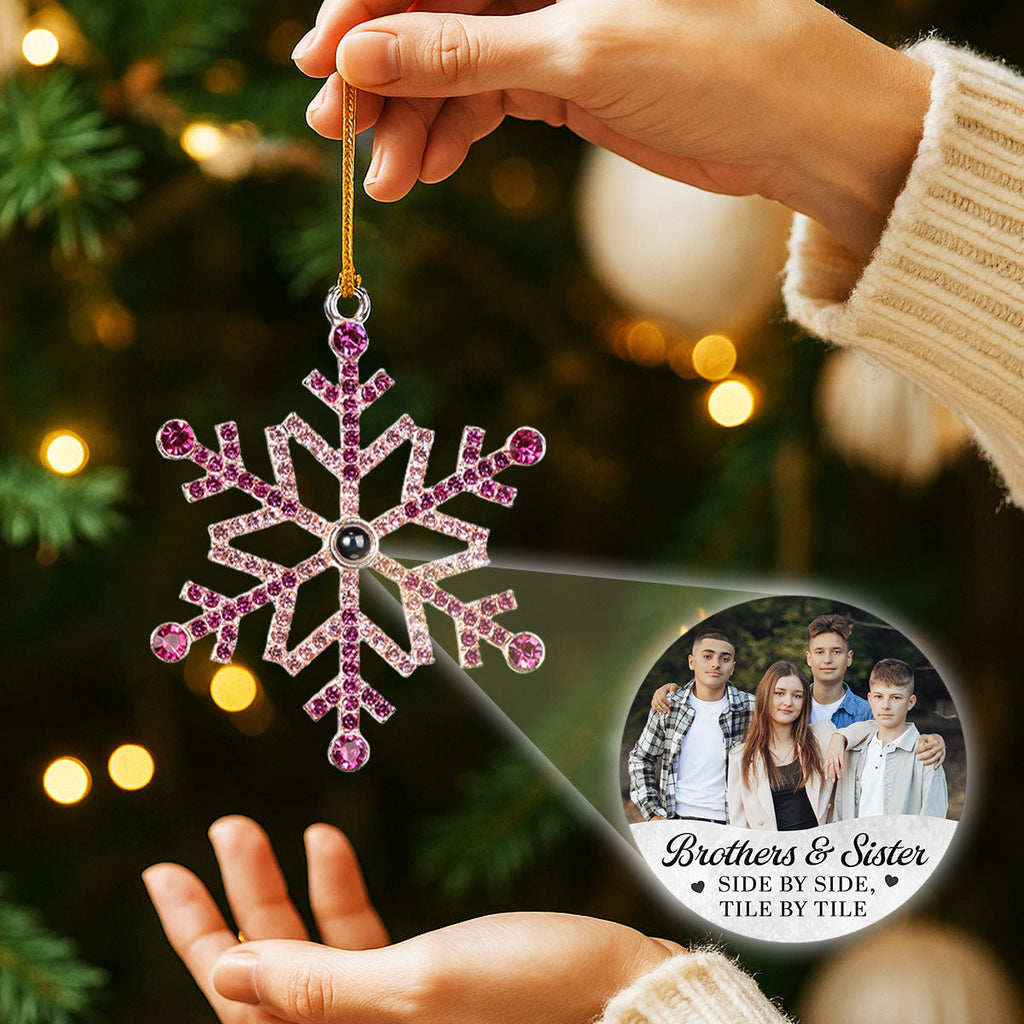 Custom Photo Sister Christmas Ornament • Side By Side Tile By Tile - Personalized Photo Snowflake Projection Ornament