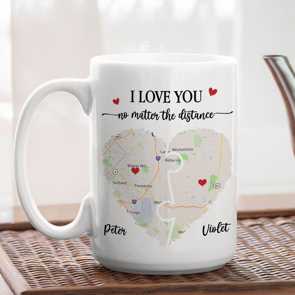 Custom Anniversary Keepsake Gifts For Couple • I Love You No Matter The Distance Map - Personalized Coffee Mug