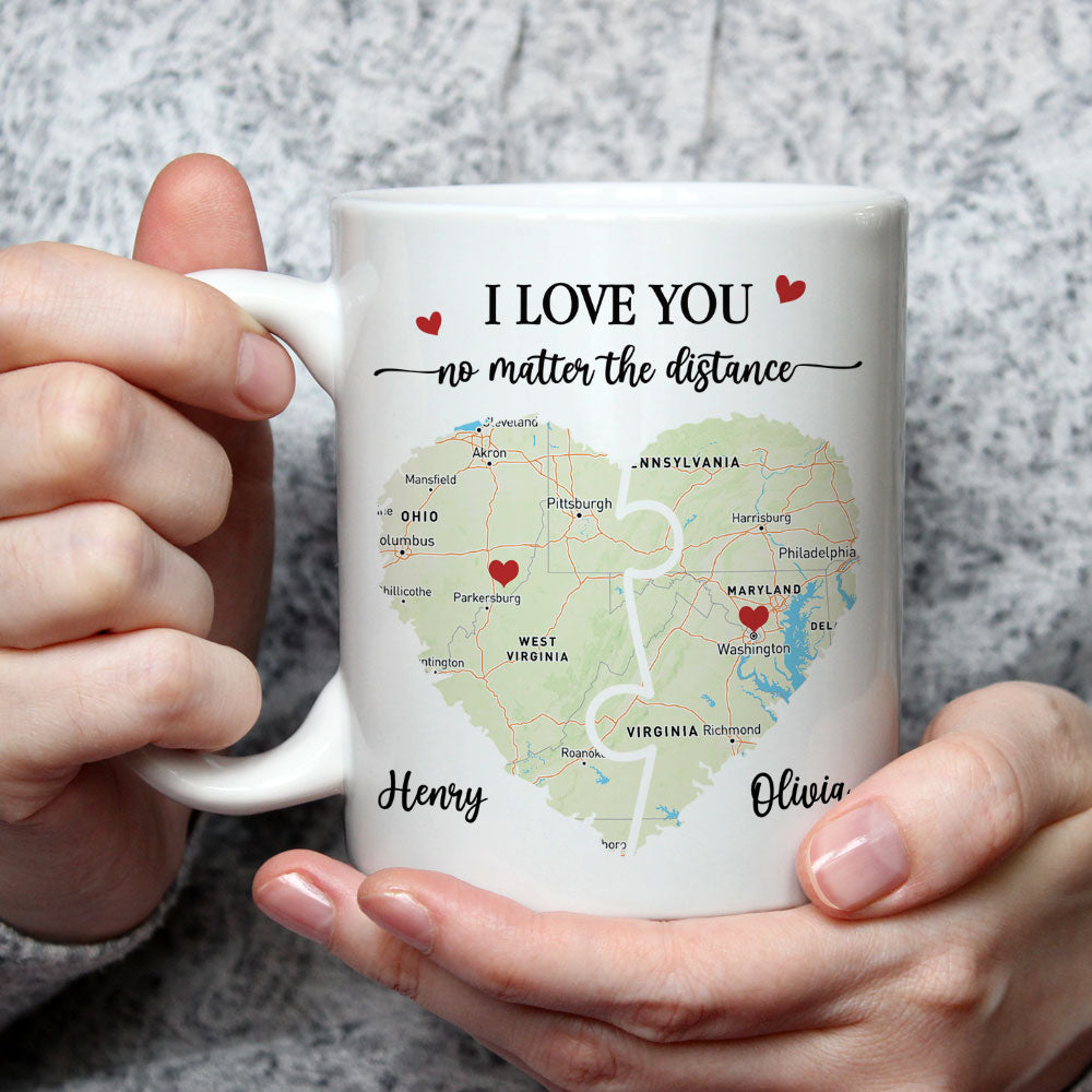 Custom Anniversary Keepsake Gifts For Couple • I Love You No Matter The Distance Map - Personalized Coffee Mug